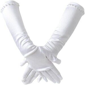 Women's Pincess White Evening Pearl Satin Long Gloves Halloween Party Costume